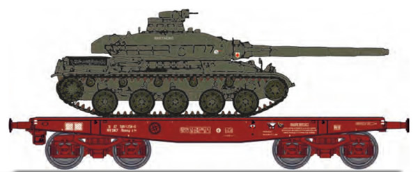 REE Modeles WBA-026 - Heavy load Flat Bed Wagon Rlmmp 31 87 389 1 072-4 SNCF Era IV brown, with AMX 30B MBT - 1DB / 6ème 